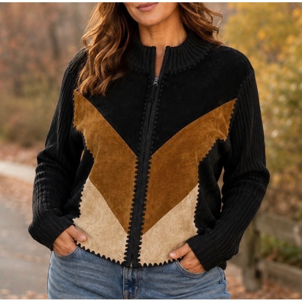Designers Studio Women Suede Knit Zip Cardigan XL Black Tan Colorblock Boho Chic
